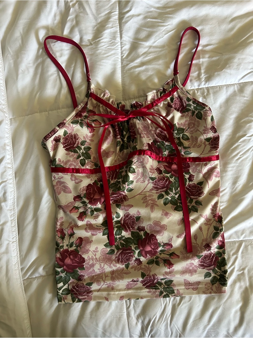ROMWE Cream Floral Satin Cami with Burgundy Trim